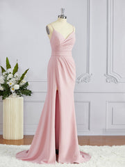 Classy Dress, Sheath/Column V-neck Sweep Train Stretch Crepe Bridesmaid Dresses with Leg Slit