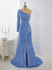 Wedding Guest Dress Summer, Sheath Long Sleeves Velvet Sequins One-Shoulder Sweep Train Dress