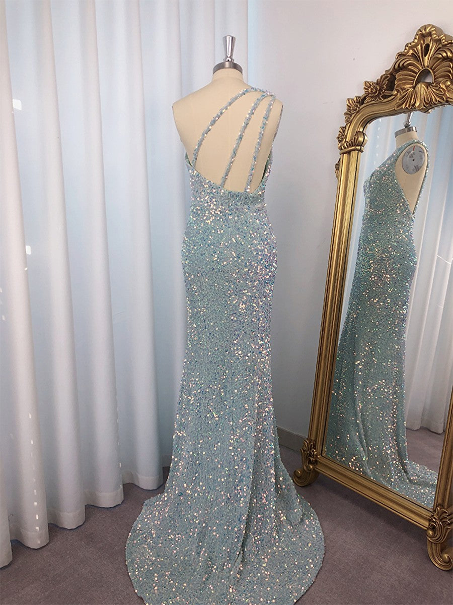 Bridesmaid Dresses Summer, Sheath One-Shoulder Sequin Sweep Train Velvet Sequins Dress