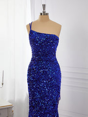 Formal Dress For Teen, Sheath Velvet Sequins One-Shoulder Sweep Train Dress