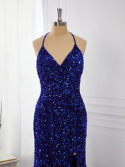 Party Dress Summer, Sheath Velvet Sequins V-neck Sweep Train Dress