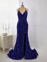 Party Dress For Wedding, Sheath Velvet Sequins V-neck Sweep Train Dress