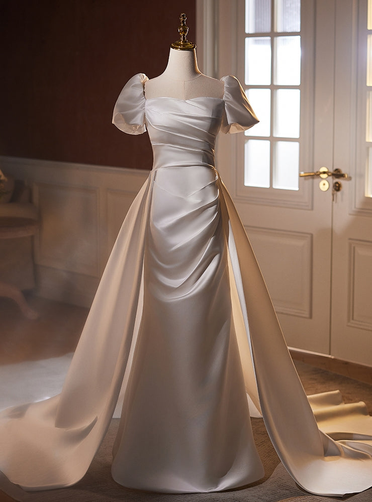 Sheth Satin Puff Sleeve Pleats Wedding Dress