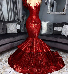 Shining Hot Red Mermaid Prom Party Gowns with Ruffles