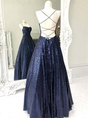 Shiny A Line Open Back Navy Blue Long Formal Evening Dress