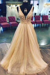 Winter Formal Dress, Shiny A Line V Neck Champagne Flowers Long Prom Dress, Champagne V Neck Long Formal Evening Dress