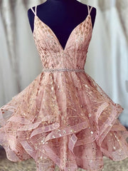 Girl Dress, Shiny A Line V Neck Short Champagne Lace Prom Dresses, Short Champagne Lace Formal Homecoming Dresses