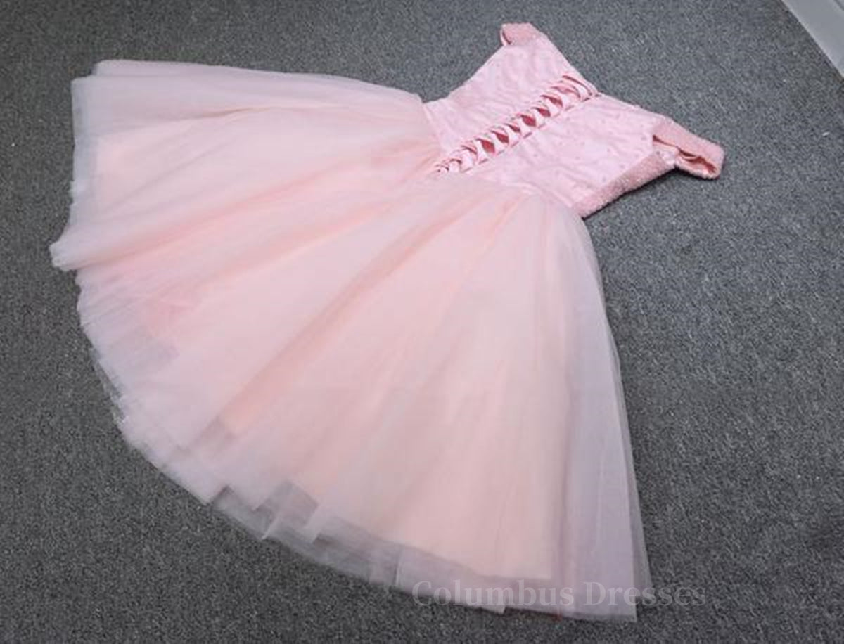 Party Dress Wedding, Shiny Beadings Off the Shoulder Pink Short Homecoming Prom Dress, Off Shoulder Pink Beaded Formal Graduation Evening Dress