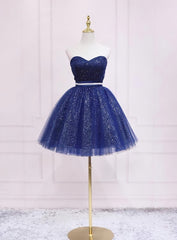 Prom Dresses 2023 Black, Shiny Blue Tulle Sweetheart Homecoming Dress Party Dress, Navy Blue Short Prom Dress