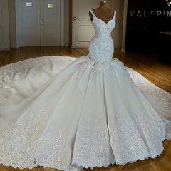 Wedding Dresses For Beach Wedding, Shiny Mermaid Beading Lace Straps Applique Wedding Dresses