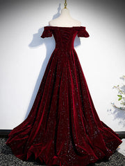 Bridesmaid Dress Beach, Shiny Off the Shoulder Burgundy Long Prom Dresses, Off Shoulder Wine Red Formal Evening Dresses