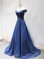 Prom Dresses Short, Shiny Off the Shoulder Navy Blue Long Prom Dresses, Off Shoulder Blue Formal Evening Dresses