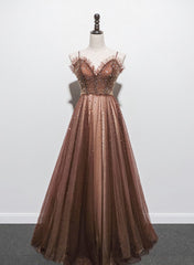 Bridesmaid Dress Blushes, Shiny Tulle Beaded Long Straps Floor Length Party Dress, A-line Prom Gown