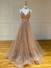 Prom Dresses Bodycon, Shiny V Neck Champagne Lace Prom Dresses, Champagne V Neck Lace Formal Graduation Evening Dresses