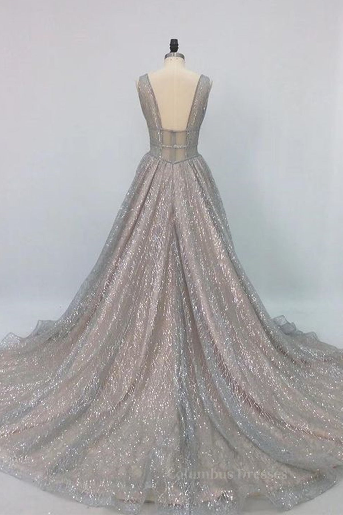 Party Dress Winter, Shiny V Neck Open Back Champagne Long Prom Dresses, Champagne Formal Graduation Evening Dresses