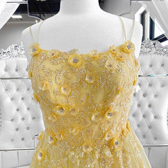 Prom Dress With Tulle, Shiny Yellow Lace Floral Prom Dresses, Shiny Yellow Lace Floral Formal Evening Dresses