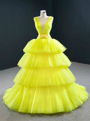 Shop Yellow Ball Gown Tulle Deep V-neck Pleats Prom Dress With Bow