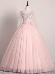 Shops Around The World Light Pink Ball Gown Tulle Long Sleeve Appliques Pearls Quinceanera Dress