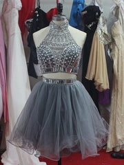 Short A Line 2 Pieces Grey Prom Dresses, Short Homecoming/Graduation Dresses