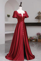 Short Sleeves Burgundy Long Prom Dresses with High Slit, Wine Red High Slit Long Formal Evening Dresses