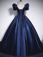 Prom Dresses Emerald Green, Short Sleeves Dark Blue Long Prom Dresses, Dark Blue Short Sleeves Long Formal Evening Dresses