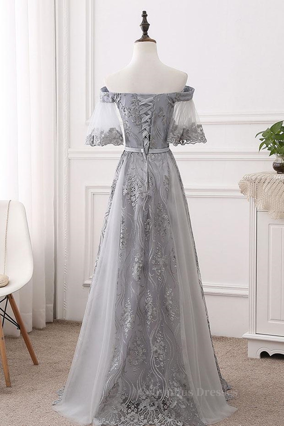 Groomsmen Attire, Short Sleeves Grey Lace Long Prom Dresses, Short Sleeves Gray Lace Long Formal Evening Dresses