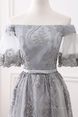 Bridesmaid Dresses Modest, Short Sleeves Grey Lace Long Prom Dresses, Short Sleeves Gray Lace Long Formal Evening Dresses