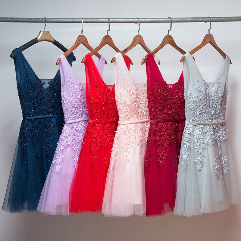 Gown Dress Elegant, Short V-neckline Tulle with Applique Short Formal Dress, Cute Party Dress