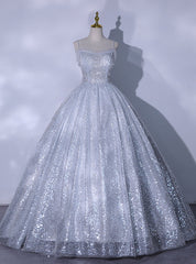 Silver Gray Sequins Straps Quinceanera Dress