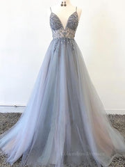 Formal Dress Wedding, Silver Grey V Neck Floor Length Long Beaded Prom Dresses, Grey Long Beaded Formal Evening Dresses