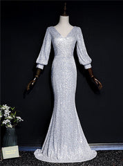 Silver Mermaid Sequins V-neck Long Sleeve Prom Dress