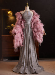 Silver Sequins Halter Beading Prom Dress With Feather Shawl