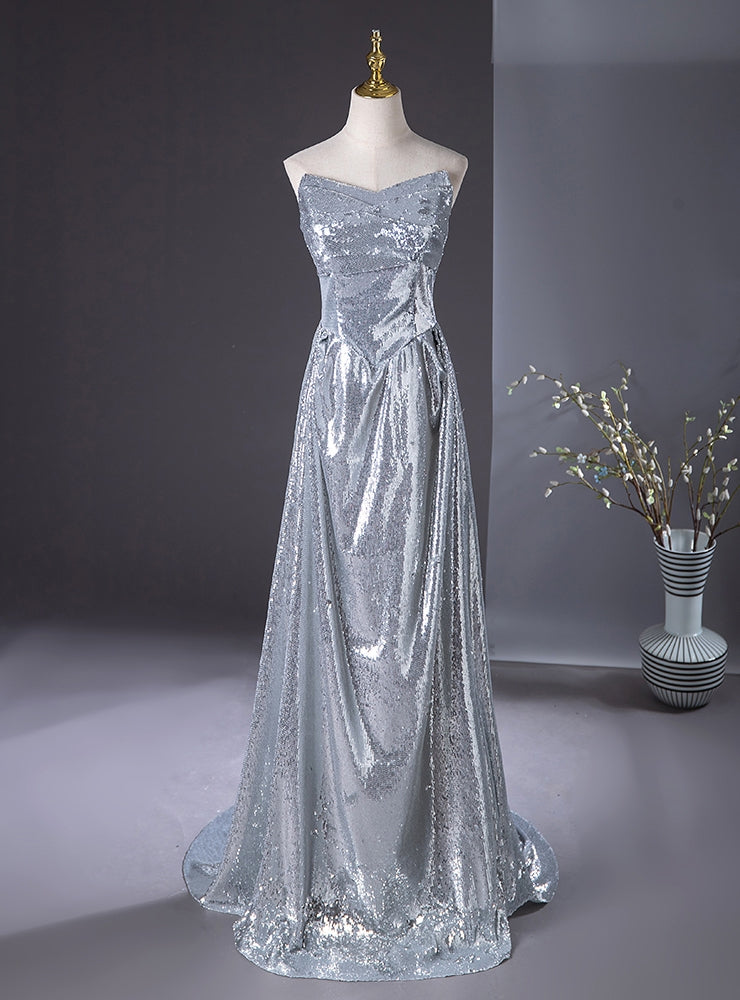 Silver Sequins Strapless Pleats Prom Dress