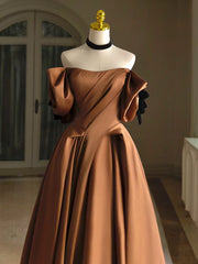 Simple A-Line  Satin Brown Long Prom Dress, Brown Long Formal Dress