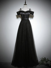 Simple Black Tulle Satin Spaghetti Straps Button Prom Dress