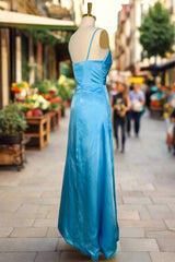 Simple Blue Spaghetti Straps Long Prom Dresses with Split