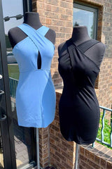 Evening Dresses Vintage, Simple Blue Tight Cross Front Short Cocktail Dresses