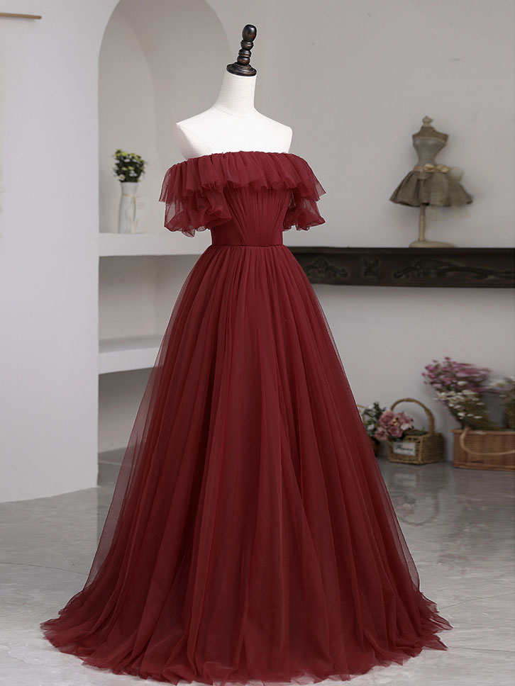 Party Dresses Sale, Simple Burgundy A line Long Prom Dresses, Burgundy Bridesmaid Dresses