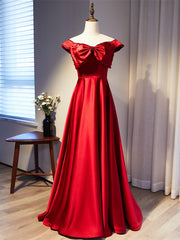 Simple Burgundy Satin Off the Shoulder Bow Prom Dress