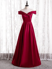 Simple Burgundy Satin Off the Shoulder Pleats Prom Dress