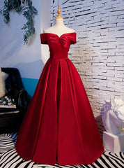 Simple Burgundy Satin Off the Shoulder Prom Dress