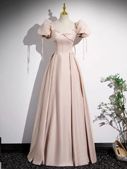 Simple Champagne Pink Satin Long Prom Dress, Champagne Pink Long Formal Dress