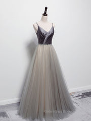 Party Dress Brands, Simple gray v neck tulle long prom dress, gray tulle formal dress