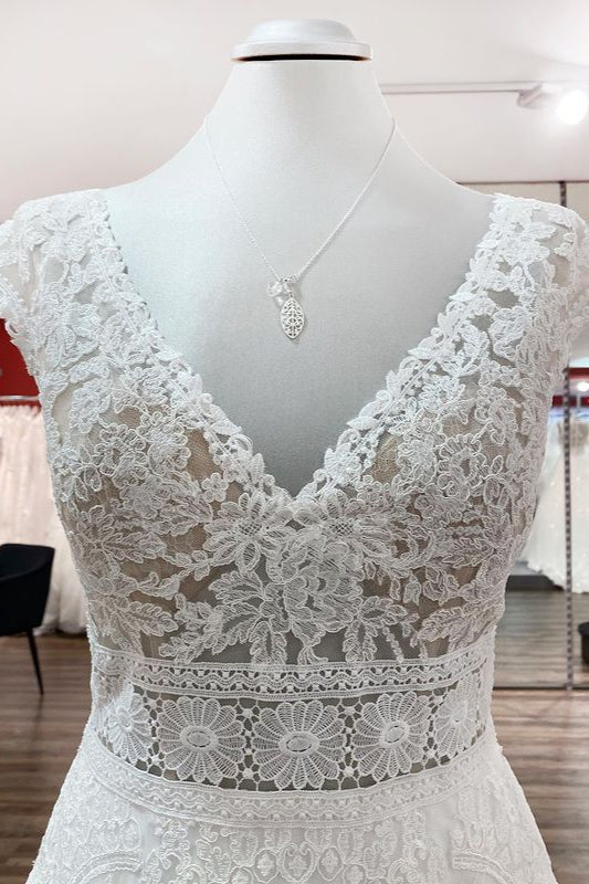 Weddings Dresses Lace Simple, Simple Long A-line V-neck Tulle Appliques Lace Wedding Dress