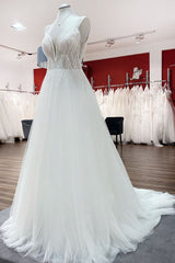 Wedding Dresses Uk, Simple Long V-neck Sequins Ruffles A-line Tulle Backless Wedding Dress