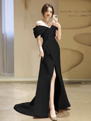 Simple Off Shoulder Satin Mermaid Black Long Prom Dress, Black Long Formal Dress