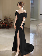 Simple Off Shoulder Satin Mermaid Black Long Prom Dress, Black Long Formal Dress