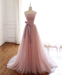 Wedding Dress Sales, Simple Pink Fashionable Scoop Tulle Long Wedding Party Dress with Bow, Pink Long Formal Dress