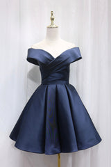 Party Dress Satin, Simple Satin Short Prom Dress, Off Shoulder Blue Party Dress