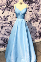 Dressy Outfit, Simple sweetheart blue satin long prom dress, blue evening dress